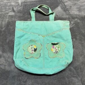 Gap Vintage Corduroy Tote Bag Turquoise Floral Applique Butterfly Lining Y2K